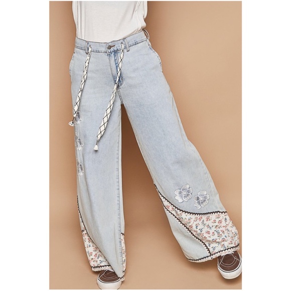 POL Denim - POL Light Denim Floral Embroidered Stretchy Waist Denim Wide leg Jeans